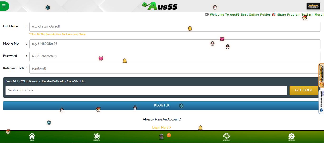 Register new Aus55 account by entering personal information
